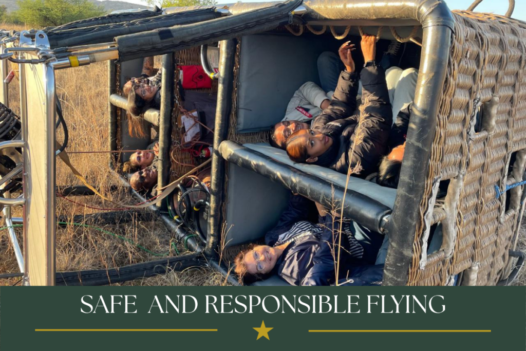 Passengers practicing safe landing position during a hot air balloon safari