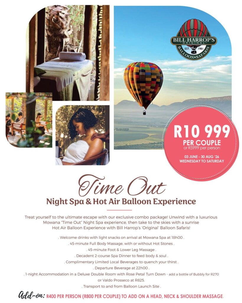 Luxury hot air balloon and spa package near Johannesburg with Mowana Spa and Bill Harrop's Original Balloon Safaris