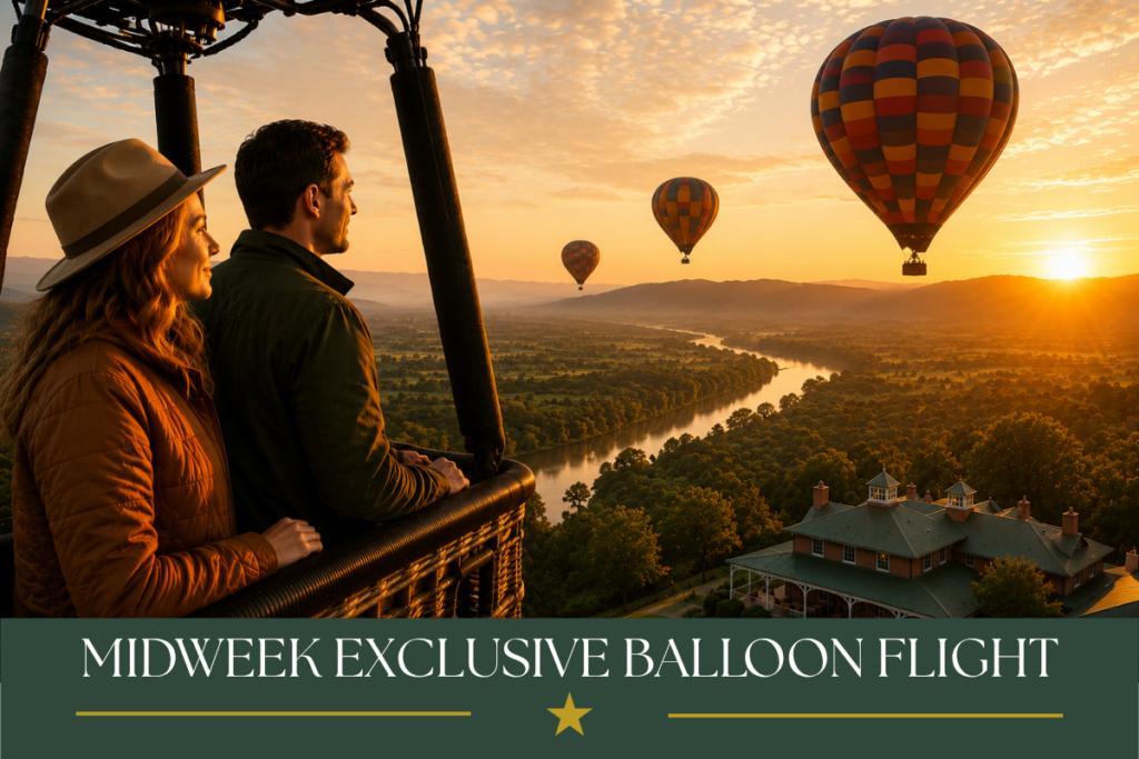Couple enjoying a sunrise hot air balloon flight over the Magalies River Valley during a midweek balloon safari experience