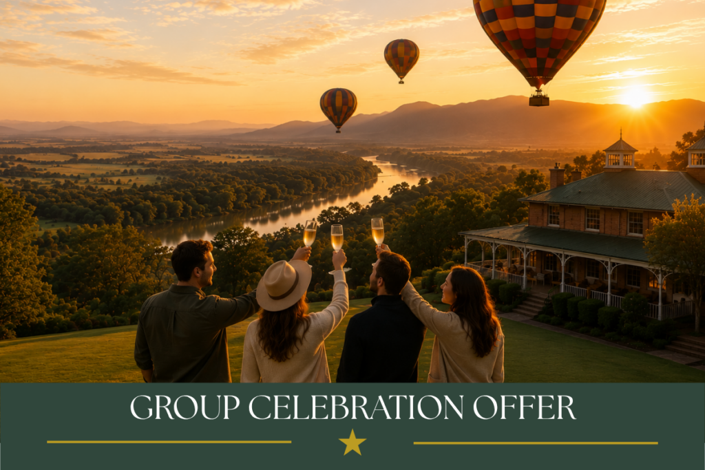 Friends celebrating with sparkling wine during a sunrise hot air balloon safari above the Magalies River Valley