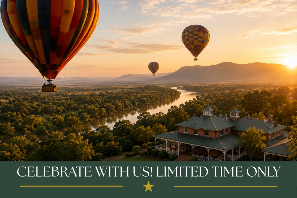 Hot air balloons flying over the Magalies River Valley at sunrise during the Bill Harrop’s Birthday Bash celebration.