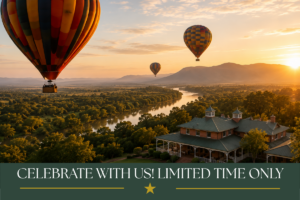 Hot air balloons flying over the Magalies River Valley at sunrise during the Bill Harrop’s Birthday Bash celebration.