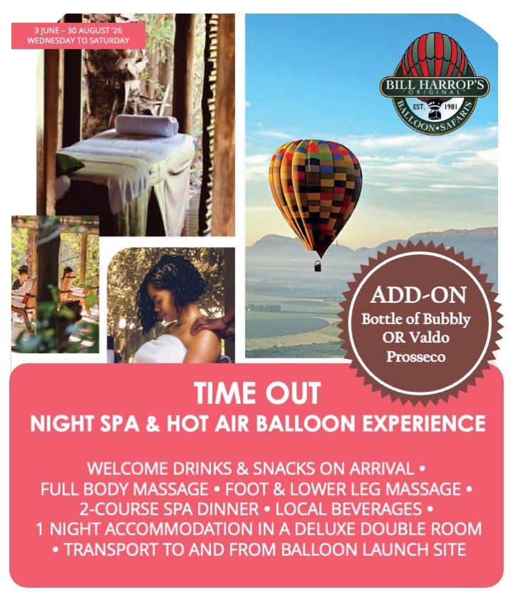 Luxury hot air balloon and spa package near Johannesburg with Mowana Spa and Bill Harrop's Original Balloon Safaris