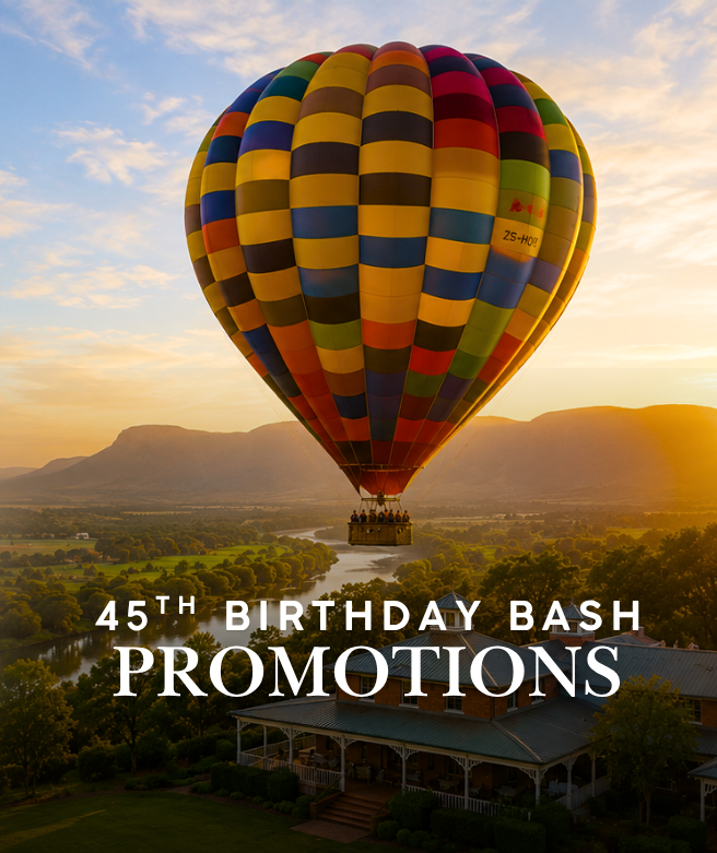 Hot air balloon sunrise over the Magalies River Valley promoting Bill Harrop’s 45th Birthday Bash celebration offers