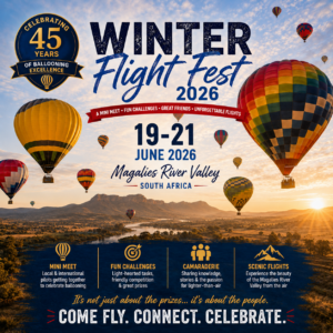 Winter Flight Fest 2026 promotional poster featuring multiple hot air balloons flying over the Magalies River Valley at sunrise during Bill Harrop's Original Balloon Safaris' 45th birthday celebrations.