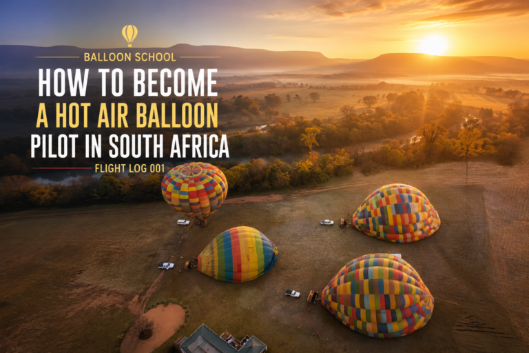 Balloon School Flight Log 001 featuring how to become a hot air balloon pilot in South Africa with hot air balloons preparing for sunrise flight.