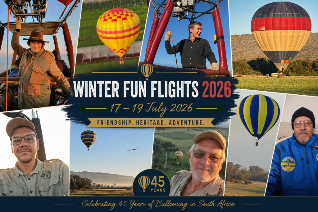 Winter Fun Flights 2026 collage featuring hot air balloon pilots, competition balloons and 45 years of ballooning heritage at Bill Harrop's "Original" Balloon Safaris