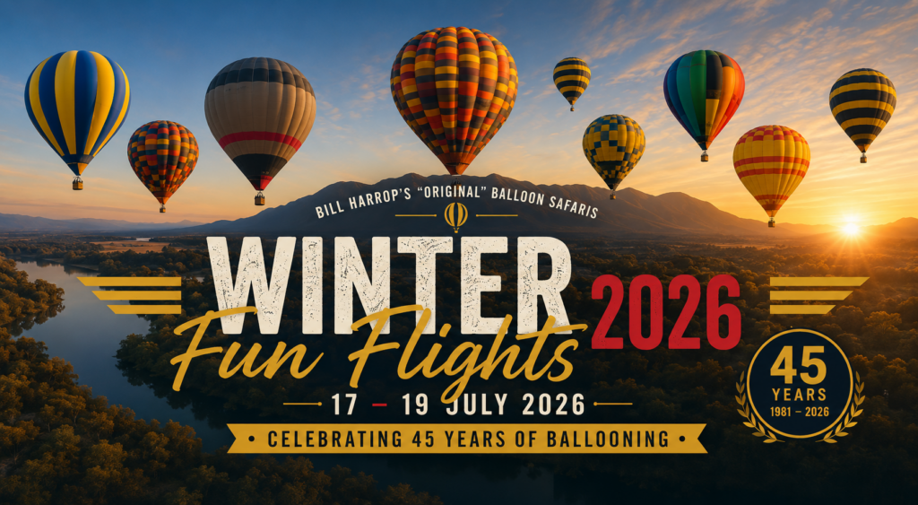 Winter Fun Flights 2026 event poster featuring hot air balloons over the Magalies River Valley at sunrise, celebrating 45 years of Bill Harrop's "Original" Balloon Safaris