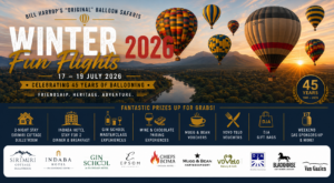 Winter Fun Flights 2026 prizes poster featuring sponsor logos and hot air balloons over the Magalies River Valley
