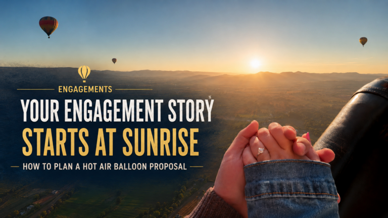 Hot air balloon proposal at sunrise above the Magalies River Valley