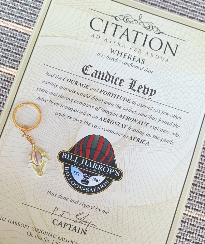 Personalised Certificate of Bravery and balloon keepsake from Bill Harrop’s Original Balloon Safaris