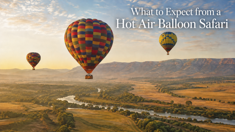Three hot air balloons flying over the Magalies River Valley at sunrise
