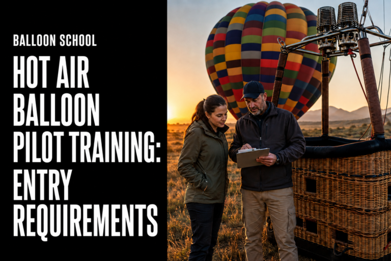 Prospective student and instructor reviewing hot air balloon pilot training entry requirements beside a Bill Harrop’s balloon