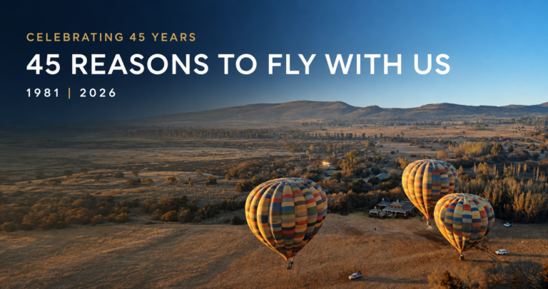 Three Bill Harrop’s hot air balloons over the Magalies River Valley during the company’s 45th birthday year