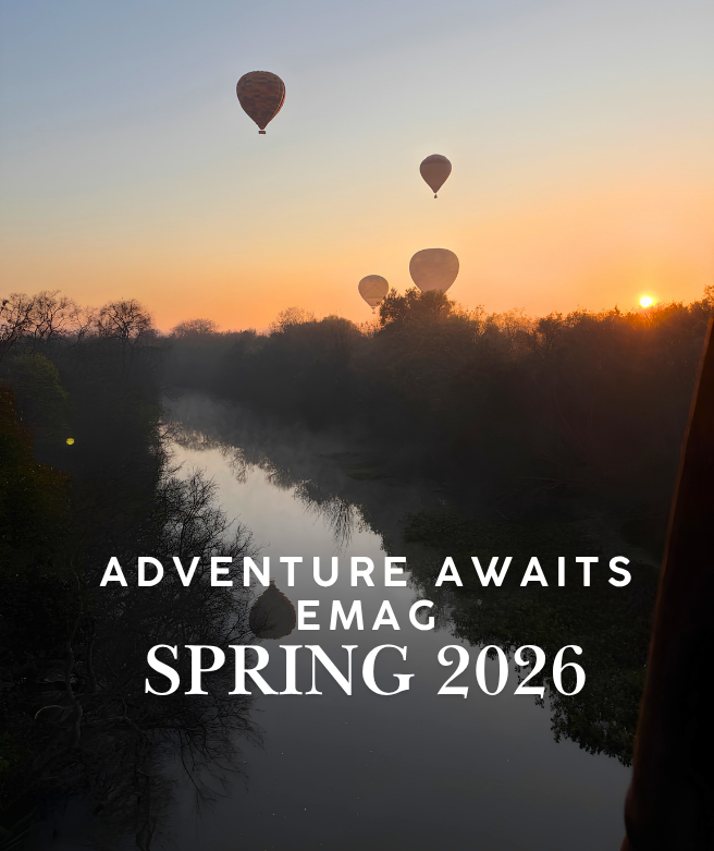 Adventure Awaits Spring 2026 e-magazine cover featuring hot air balloons at sunrise in the Magalies River Valley