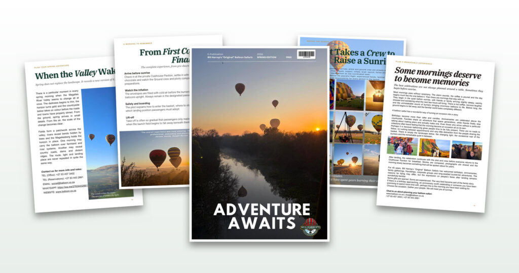 Preview collage of the Adventure Awaits Spring 2026 e-magazine from Bill Harrop’s “Original” Balloon Safaris