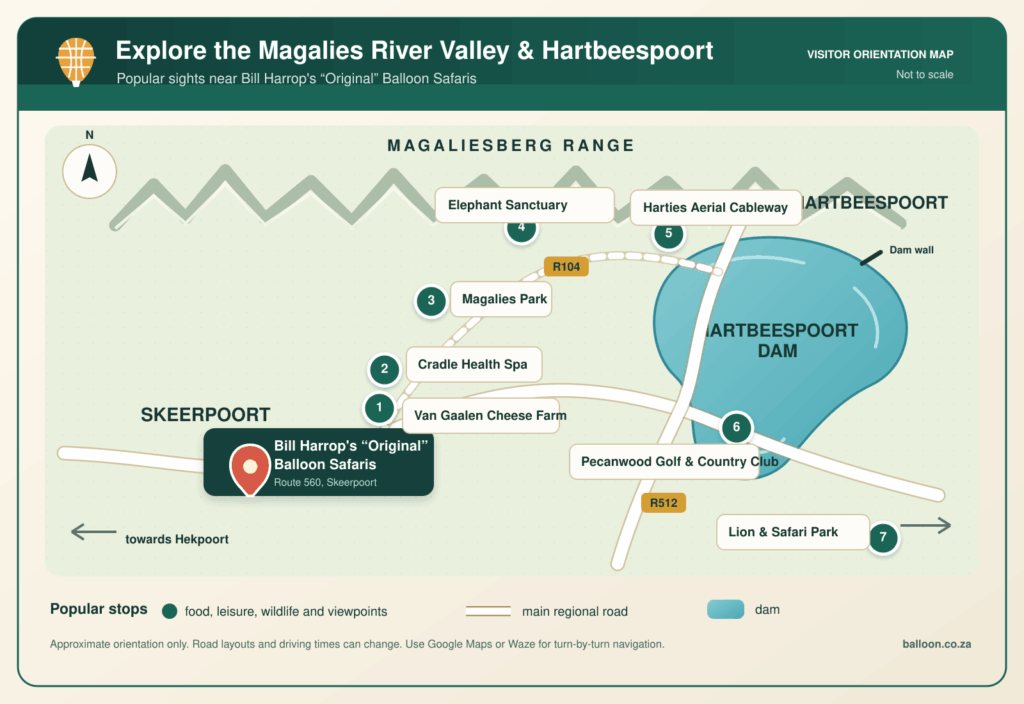 Visitor map showing Bill Harrop’s Balloon Safaris in Skeerpoort and popular attractions around the Magalies River Valley and Hartbeespoort Dam