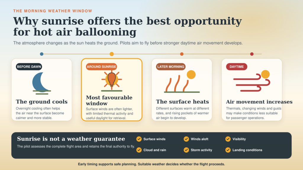 Infographic explaining why hot air balloons fly at sunrise