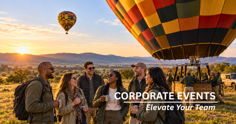 Corporate year-end functions in Gauteng with a team enjoying a sunrise hot-air balloon safari