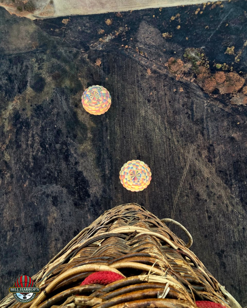 View from a hot air balloon basket looking down at two colourful balloons over the Magalies River Valley