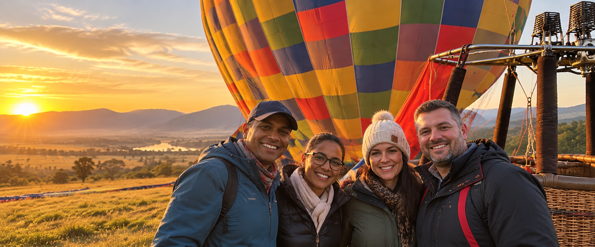 Four guests enjoying a private hot air balloon safari in the Magalies River Valley at sunrise.