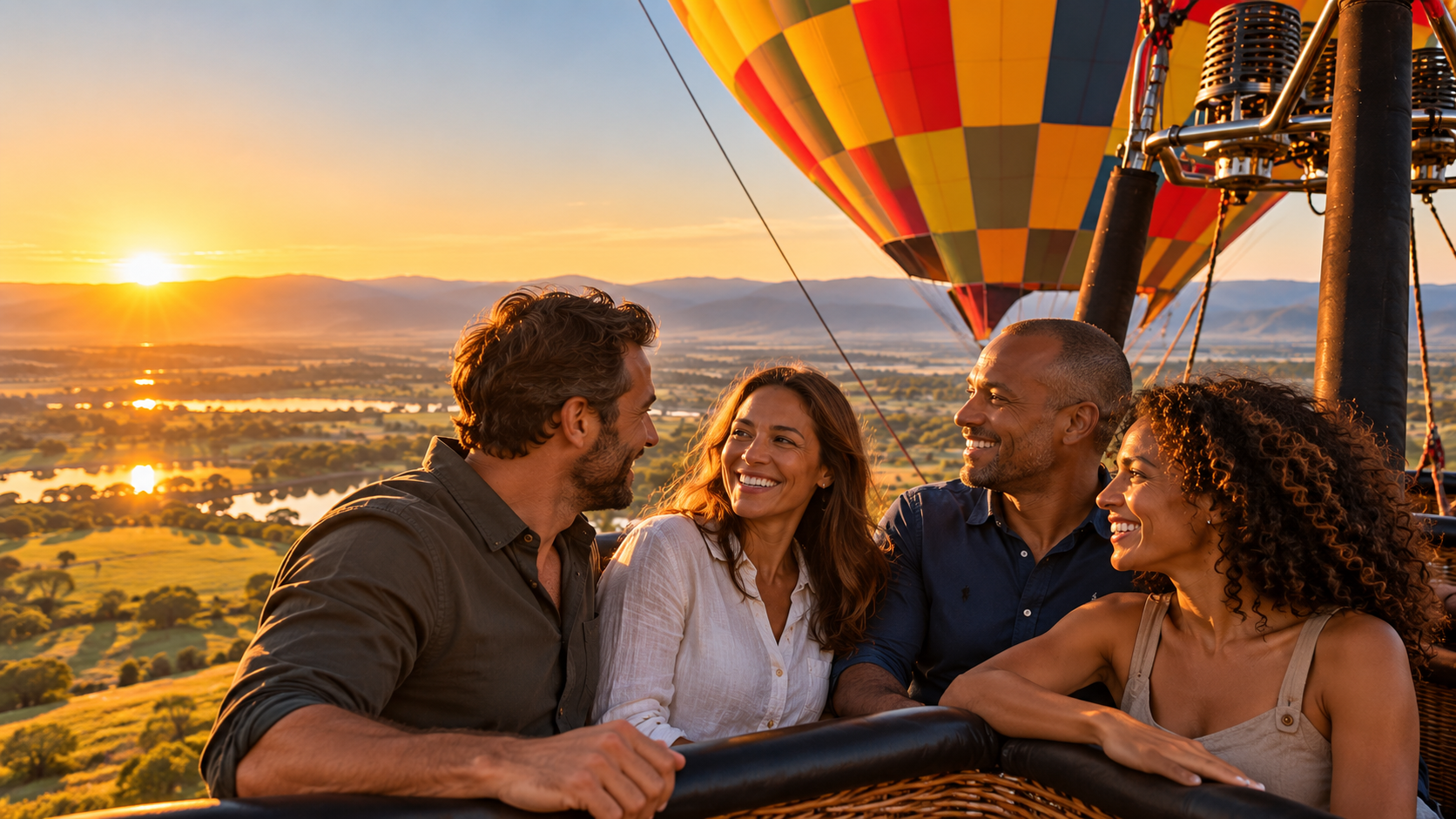 Four passengers enjoying a private hot air balloon safari at sunrise in the Magalies River Valley
