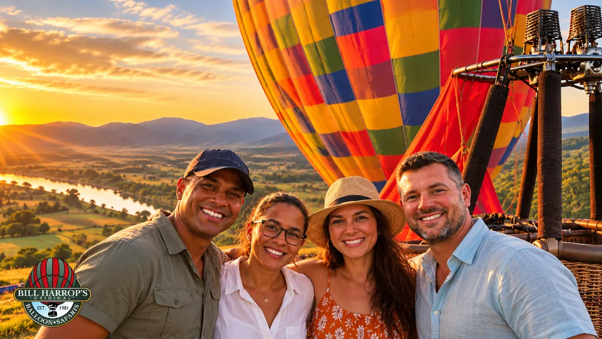 Four guests enjoying a private hot air balloon safari in the Magalies River Valley at sunrise.
